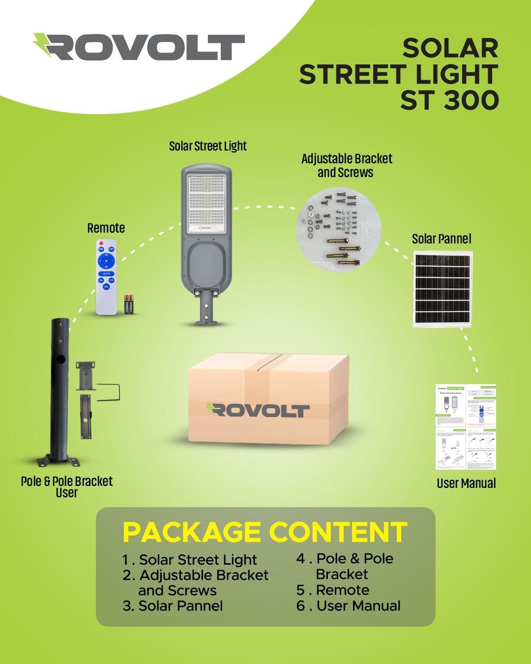 ROVOLT 300W LED Solar Street Light with Remote Control & Motion Sensor