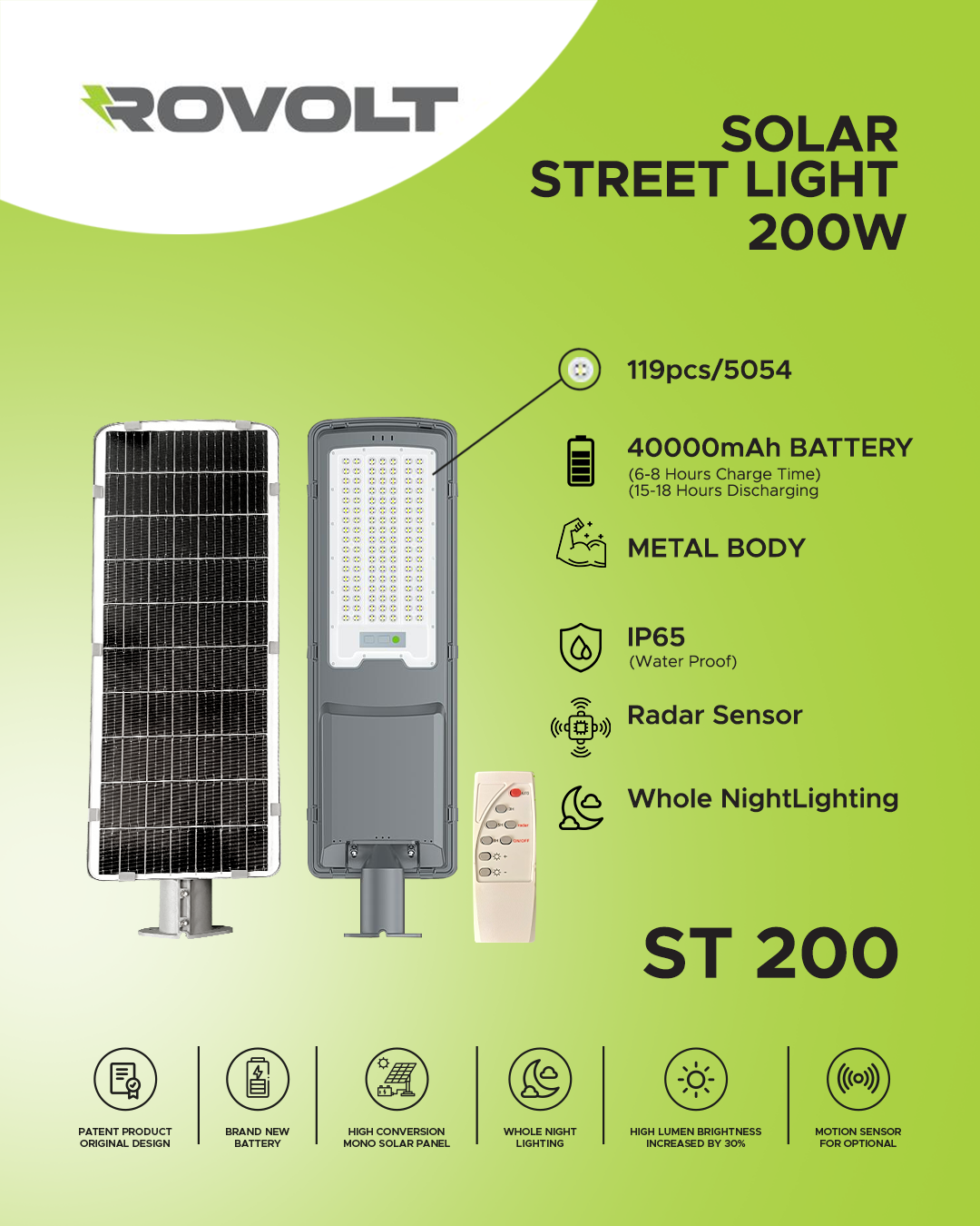 ROVOLT 200W LED Solar Street Light with Remote Control & Motion Sensor