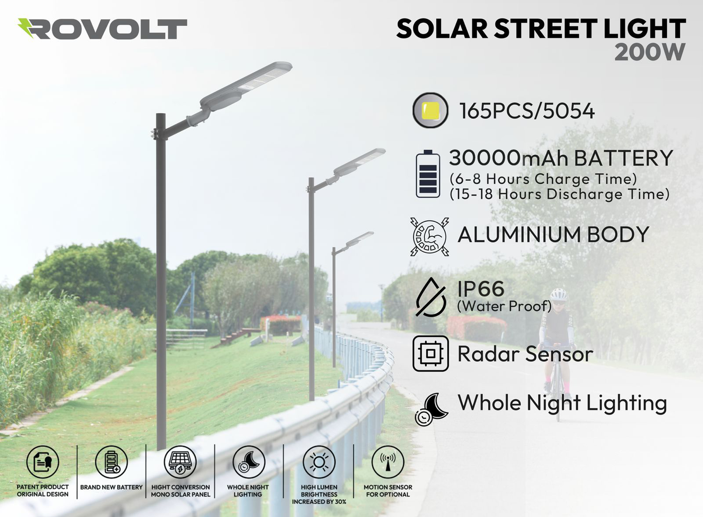 ROVOLT 200W LED Solar Street Light with Remote Control & Motion Sensor
