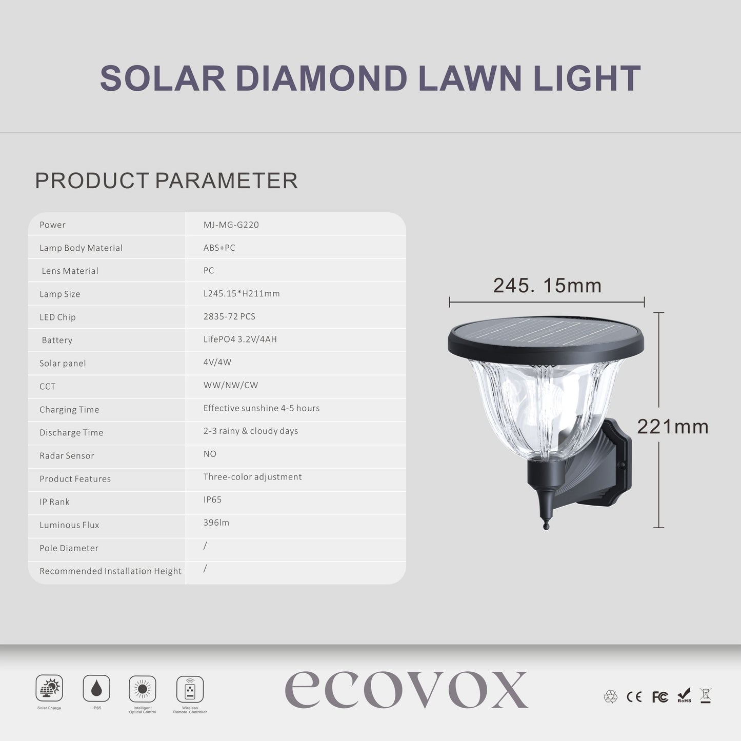 ECOVOX 200W LED Solar Daimond Lawn Light Wall Type