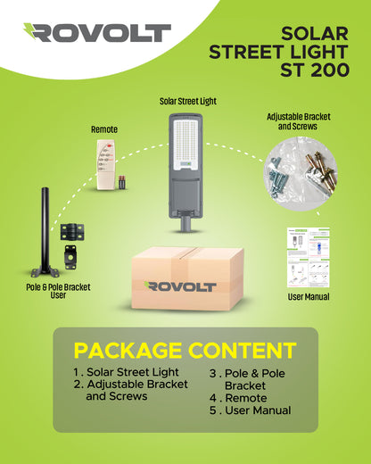 ROVOLT 200W LED Solar Street Light with Remote Control &amp; Motion Sensor