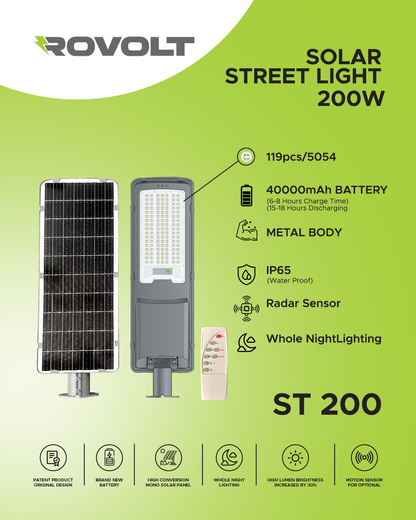 ROVOLT 200W LED Solar Street Light with Remote Control &amp; Motion Sensor