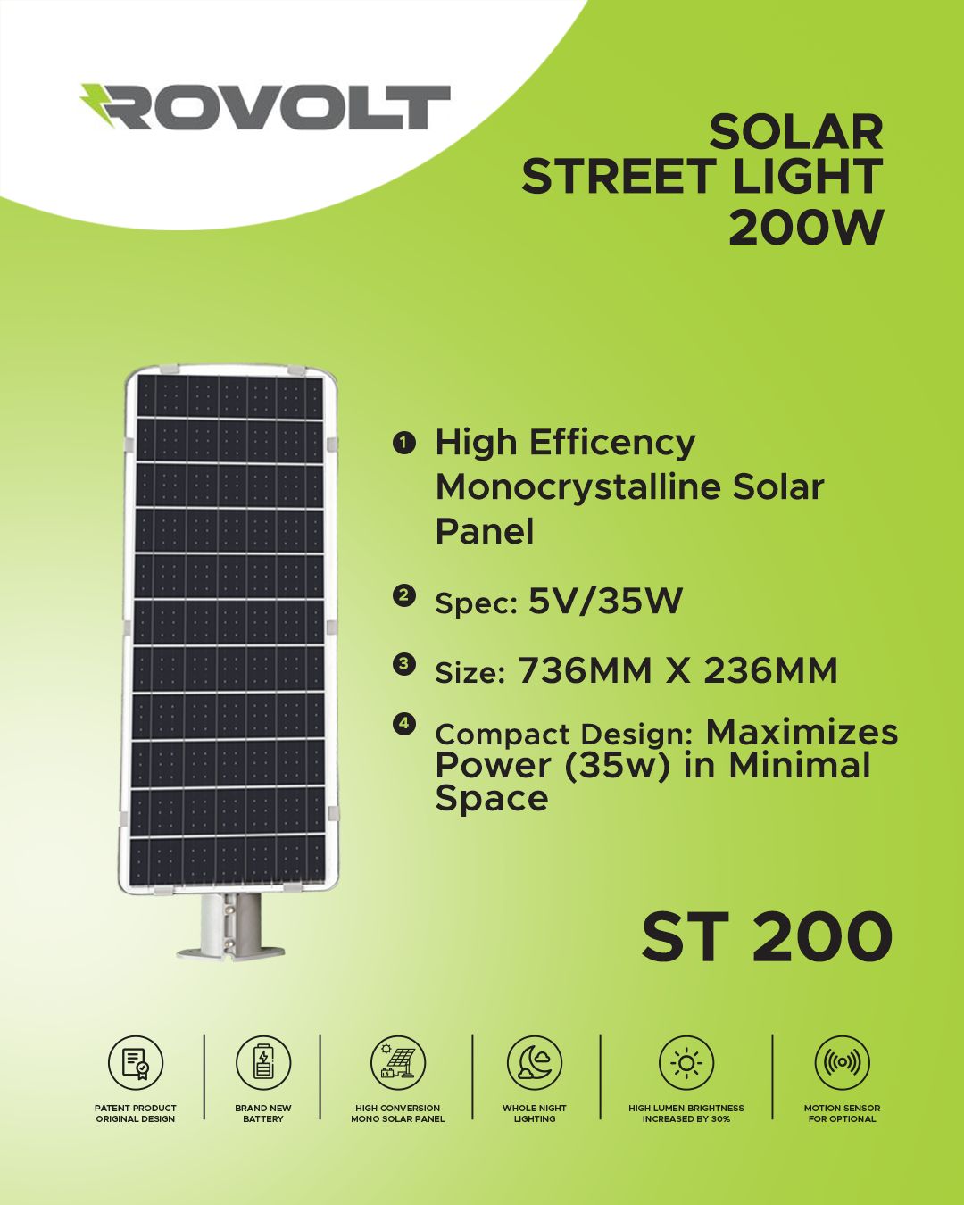 ROVOLT 200W LED Solar Street Light with Remote Control &amp; Motion Sensor