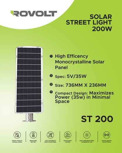 ROVOLT 200W LED Solar Street Light with Remote Control &amp; Motion Sensor