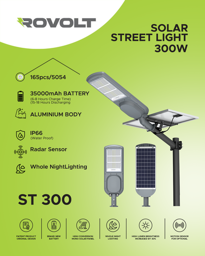 ROVOLT 300W LED Solar Street Light with Remote Control & Motion Sensor