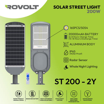 ROVOLT 200W LED Solar Street Light with Remote Control & Motion Sensor