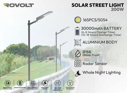 ROVOLT 200W LED Solar Street Light with Remote Control & Motion Sensor