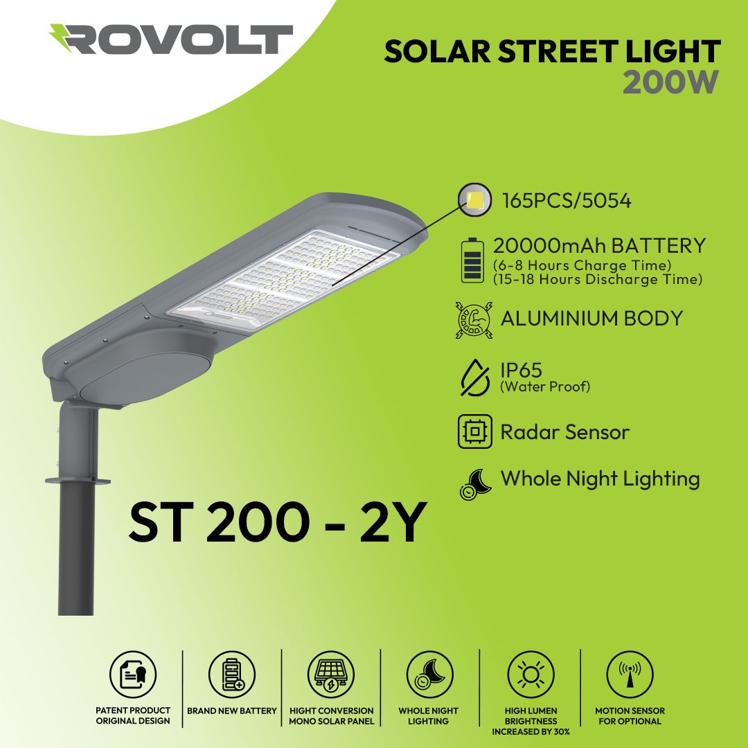 ROVOLT 200W LED Solar Street Light with Remote Control & Motion Sensor