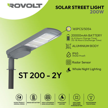 ROVOLT 200W LED Solar Street Light with Remote Control & Motion Sensor