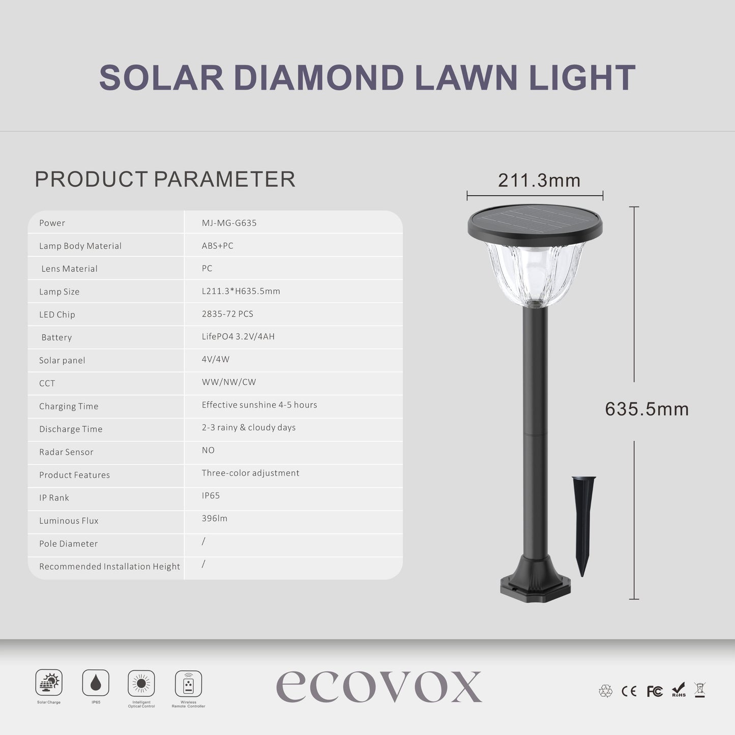 Ecovox 200 Watts LED Solar Diamond Lawn Light Ground Type