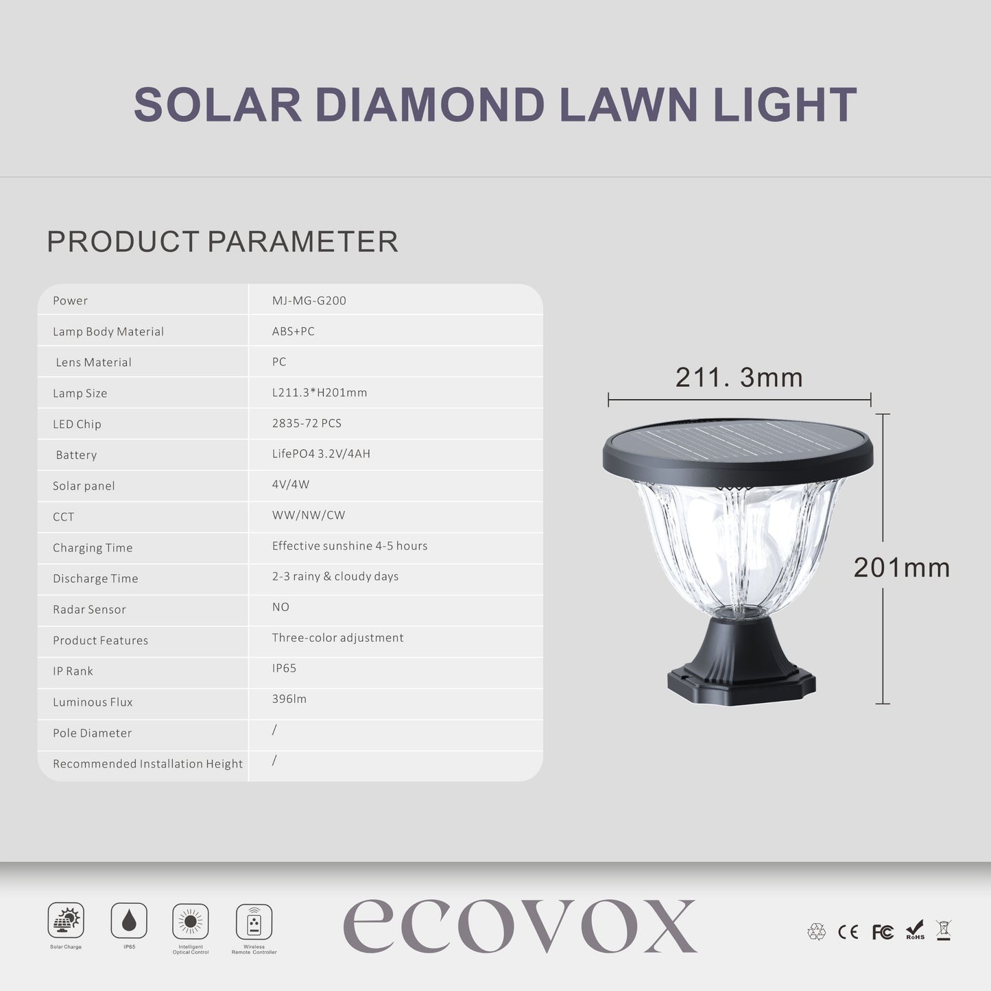 ECOVOX 200W LED Solar Daimond Lawn Light Pillar Type