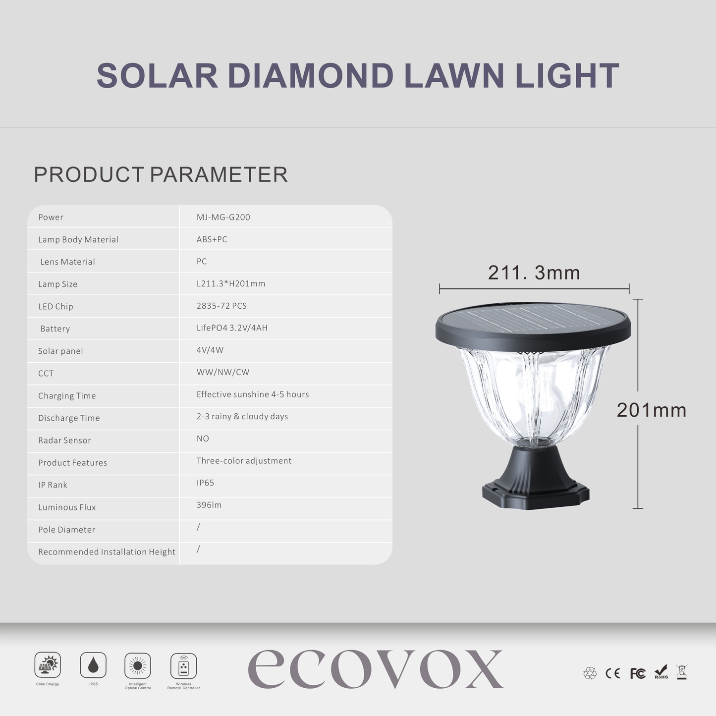 ECOVOX 200W LED Solar Daimond Lawn Light Pillar Type