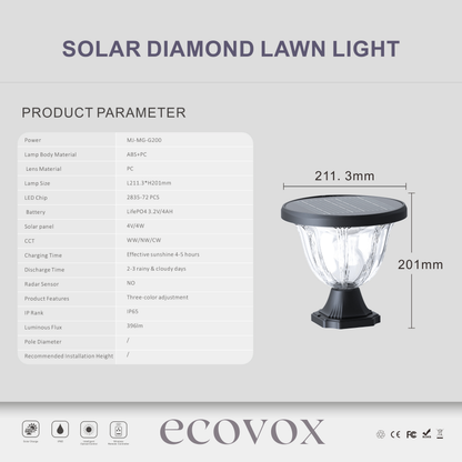 ECOVOX 200W LED Solar Daimond Lawn Light Pillar Type