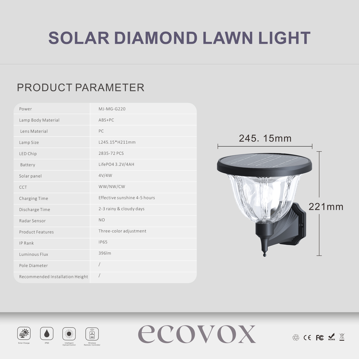 ECOVOX 200W LED Solar Daimond Lawn Light Wall Type